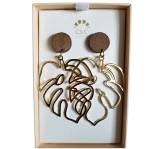 C & C California Gold Leaf Tropical Wood Dangle Drop Boho Chic Earri…